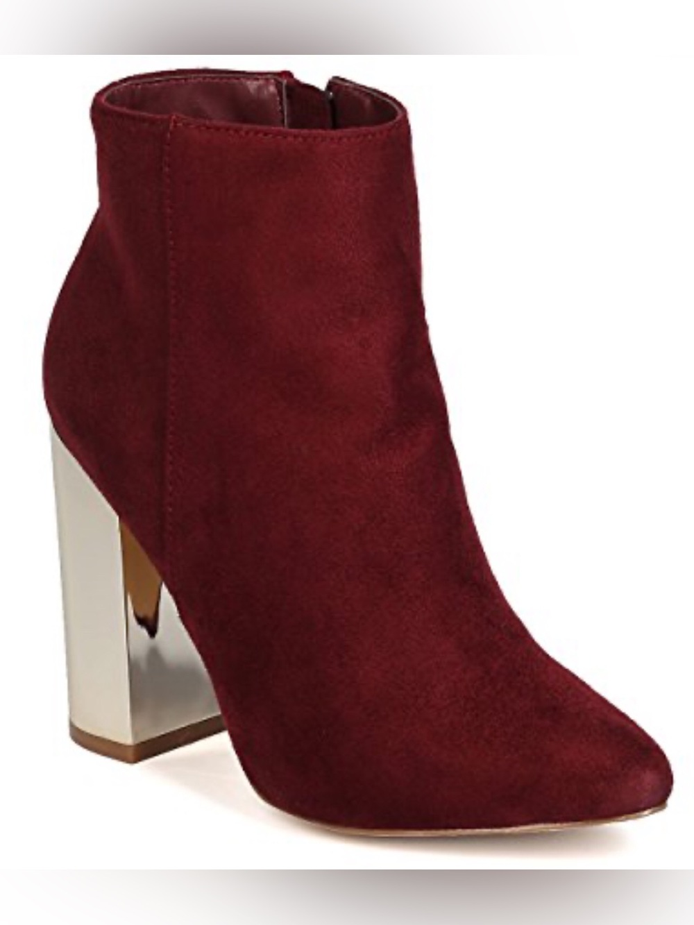 Women's Burgundy Egan Suede Ankle Boot with rose Gold Metallic Block Heel